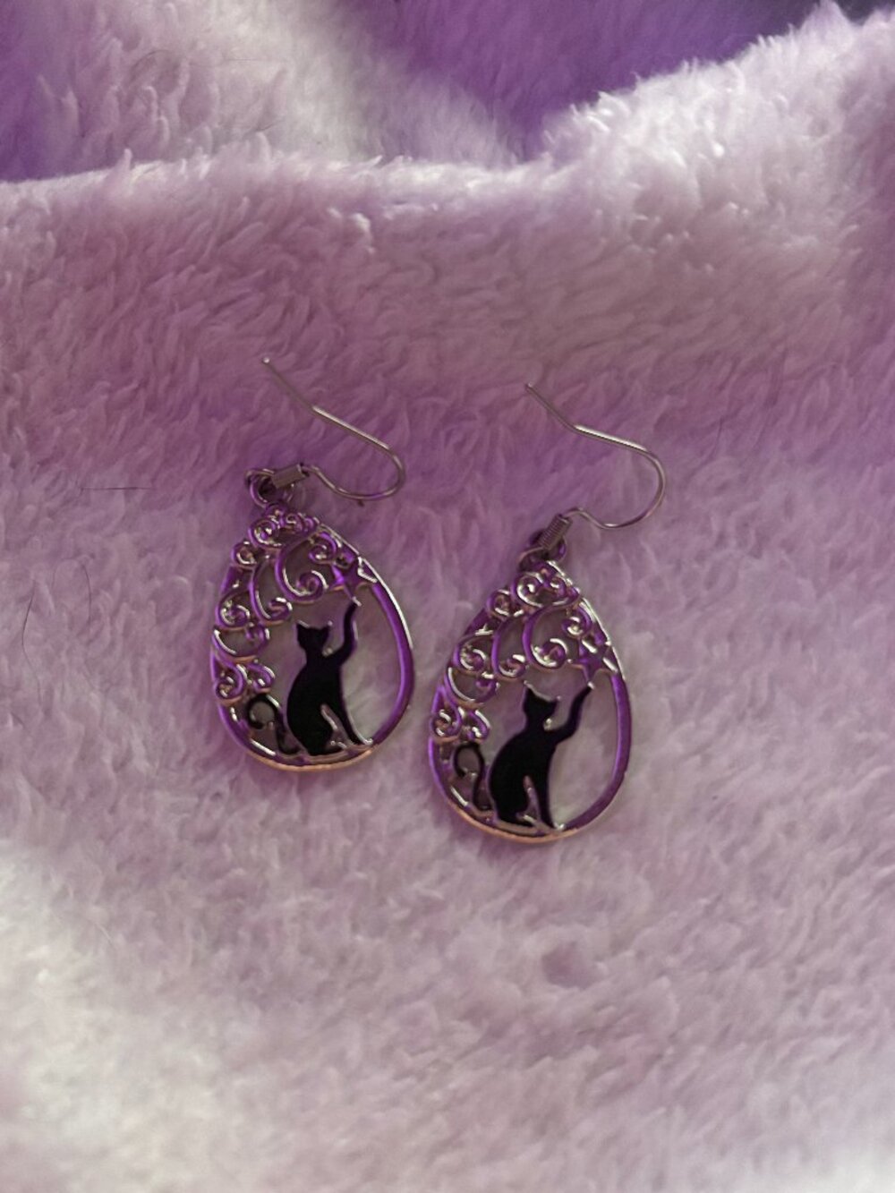 Silver black cat dangle earrings